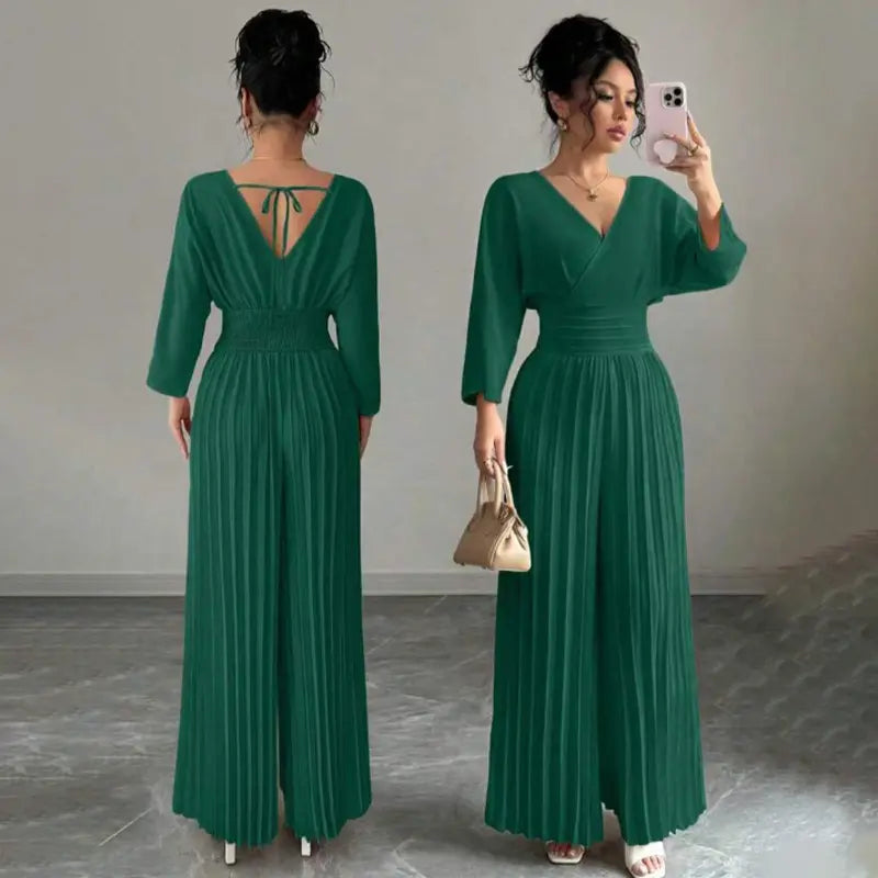 Women's Elegant V-Neck Long-Sleeve Pleated Wide-Leg Jumpsuit - High Smocked Waist, Tie Back, Solid Romper Palazzo Pants for Work Commute, Party Outfits (Jumpsuits for Women)