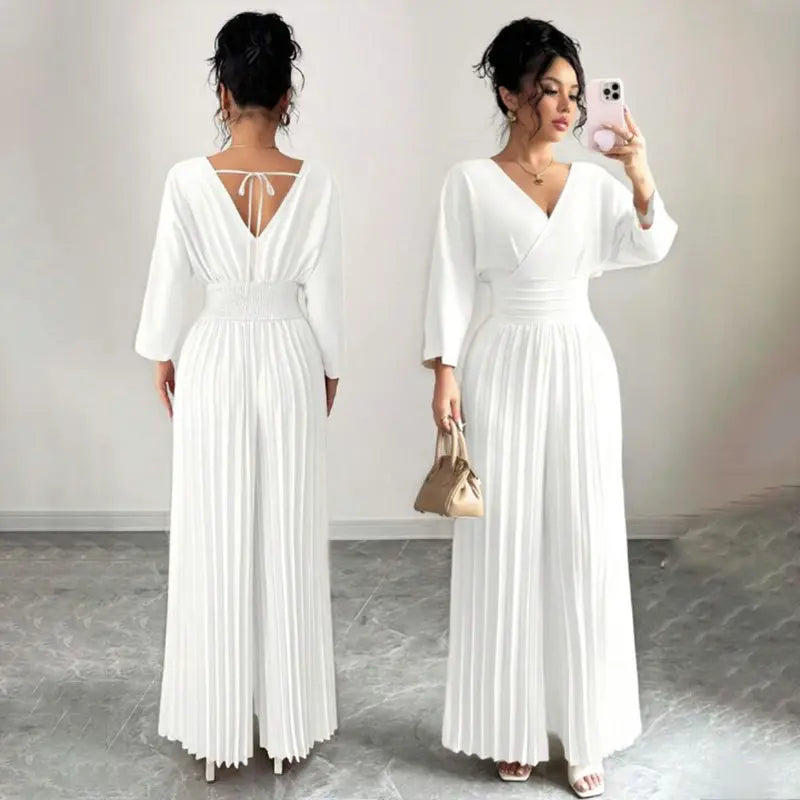 Women's Elegant V-Neck Long-Sleeve Pleated Wide-Leg Jumpsuit - High Smocked Waist, Tie Back, Solid Romper Palazzo Pants for Work Commute, Party Outfits (Jumpsuits for Women)