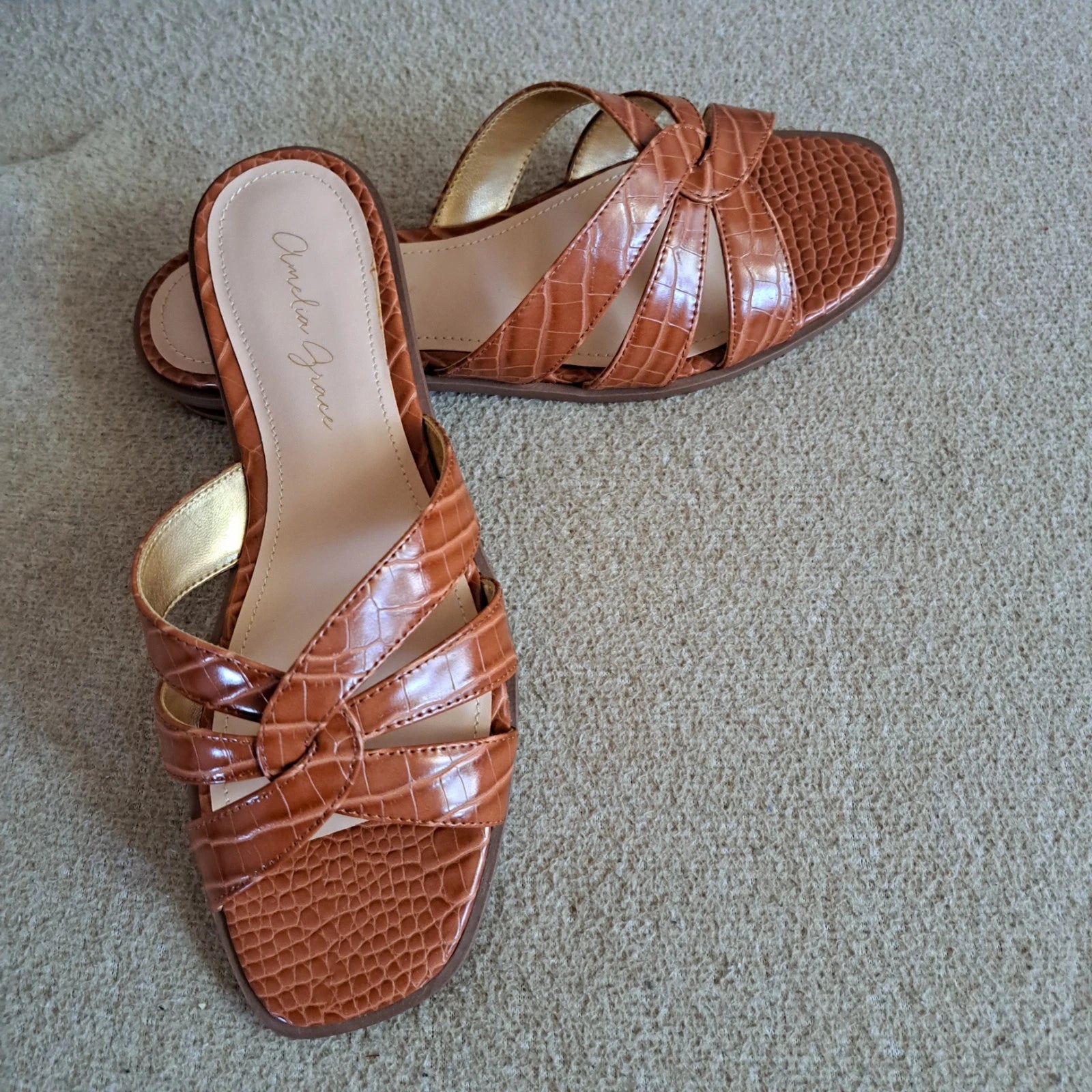 Amelia Grace Women's Croc-Embossed Slide Sandals Brown – Size 8M