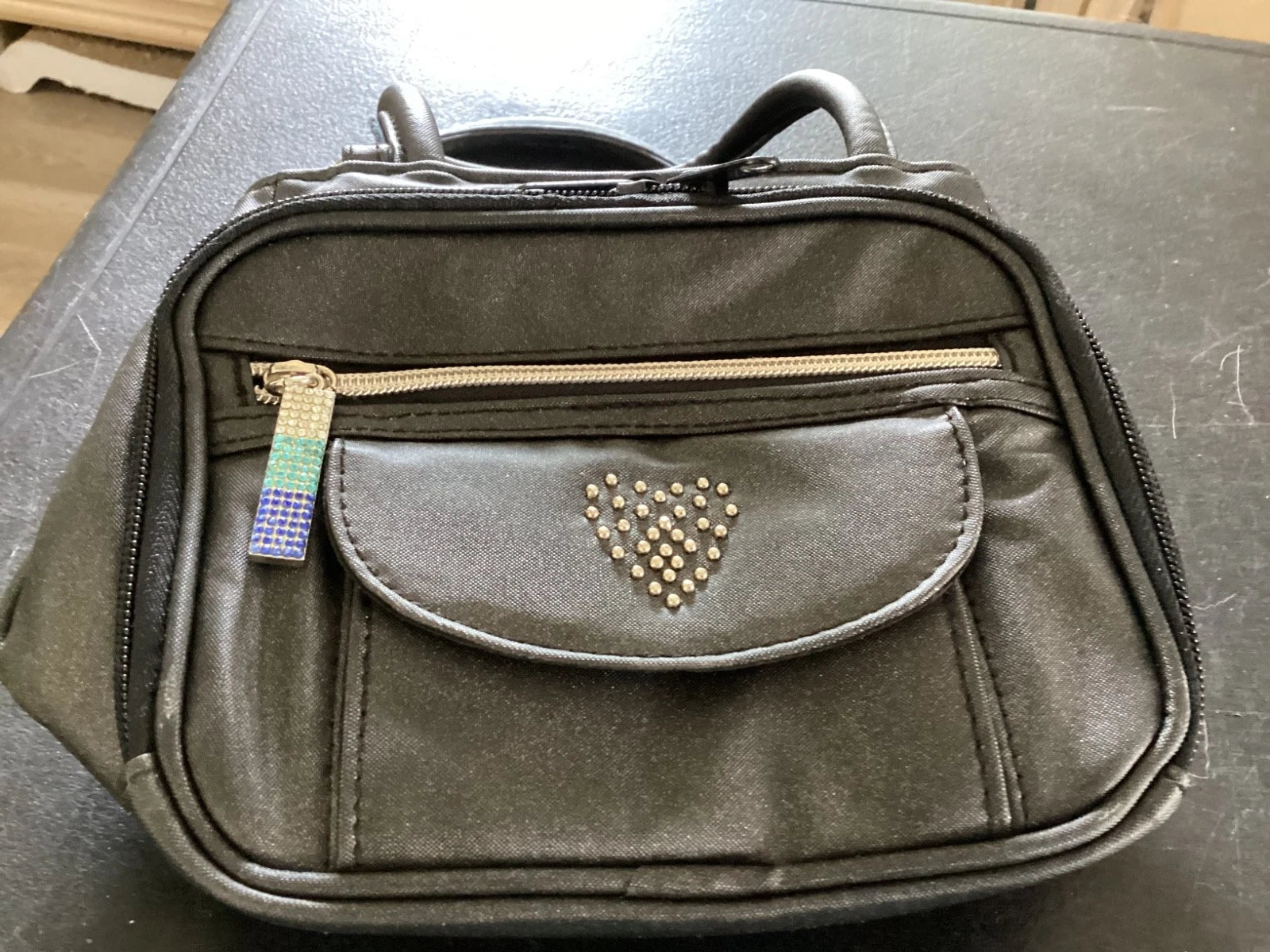 Black Nylon Faux Leather Handbag – Heart Design with Jewel Accent Zipper Pull