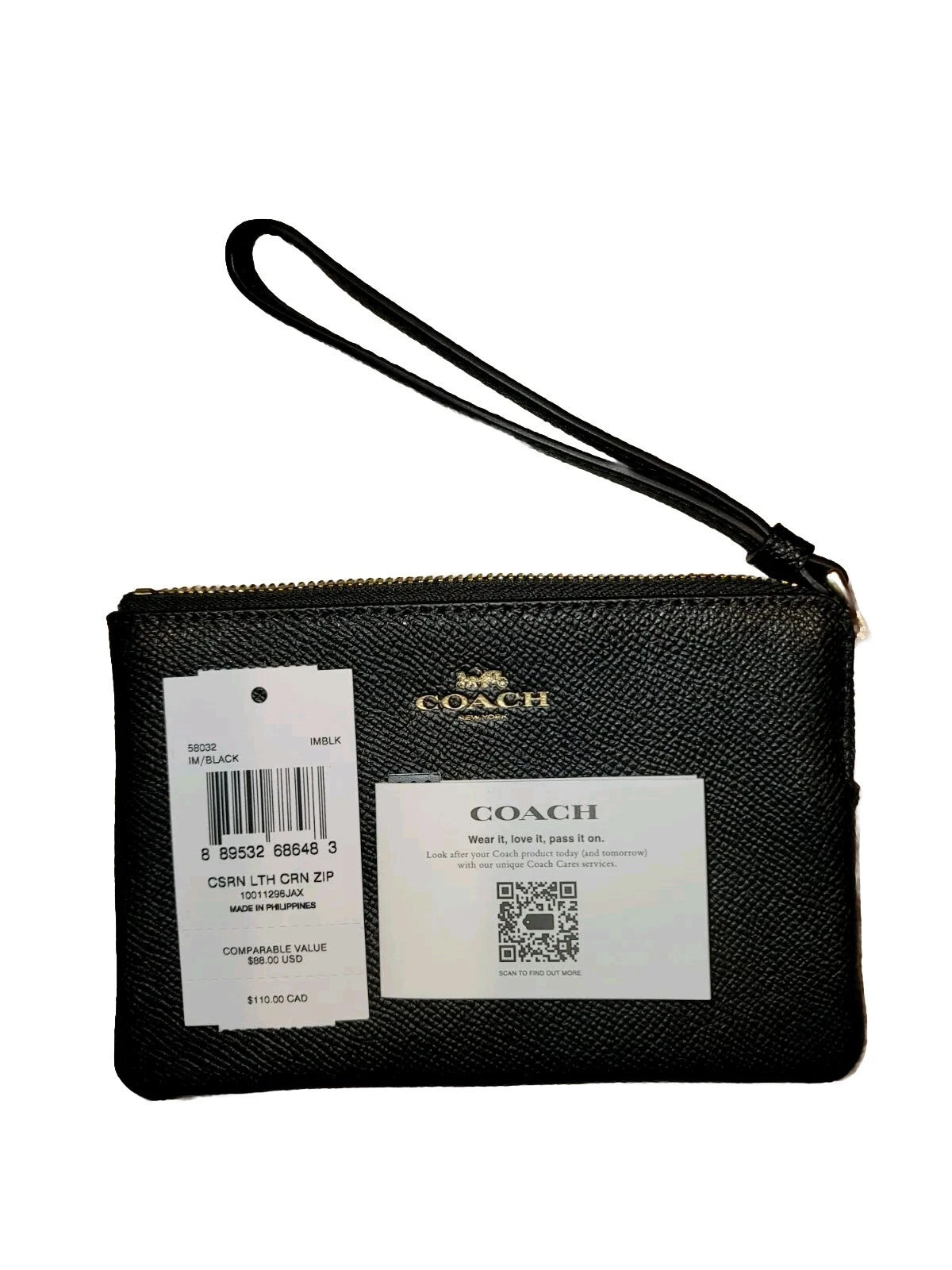 Coach Corner Zip Wristlet – Black Signature Leather Small Designer Wallet with Box