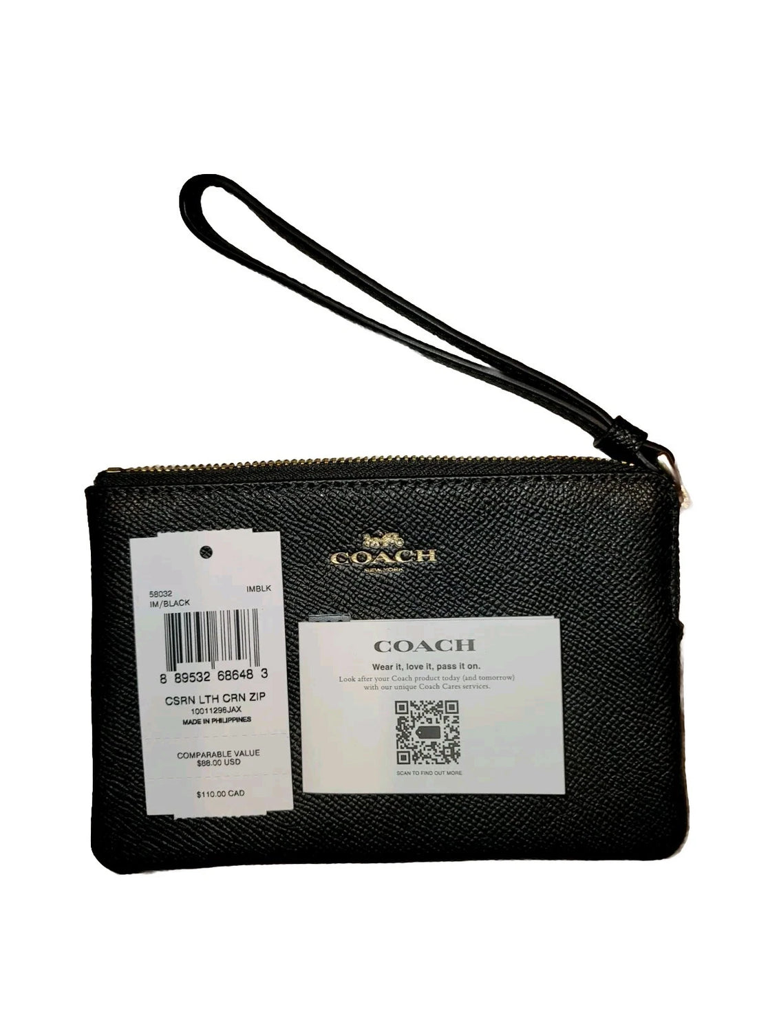 Coach Corner Zip Wristlet – Black Signature Leather Small Designer Wallet with Box