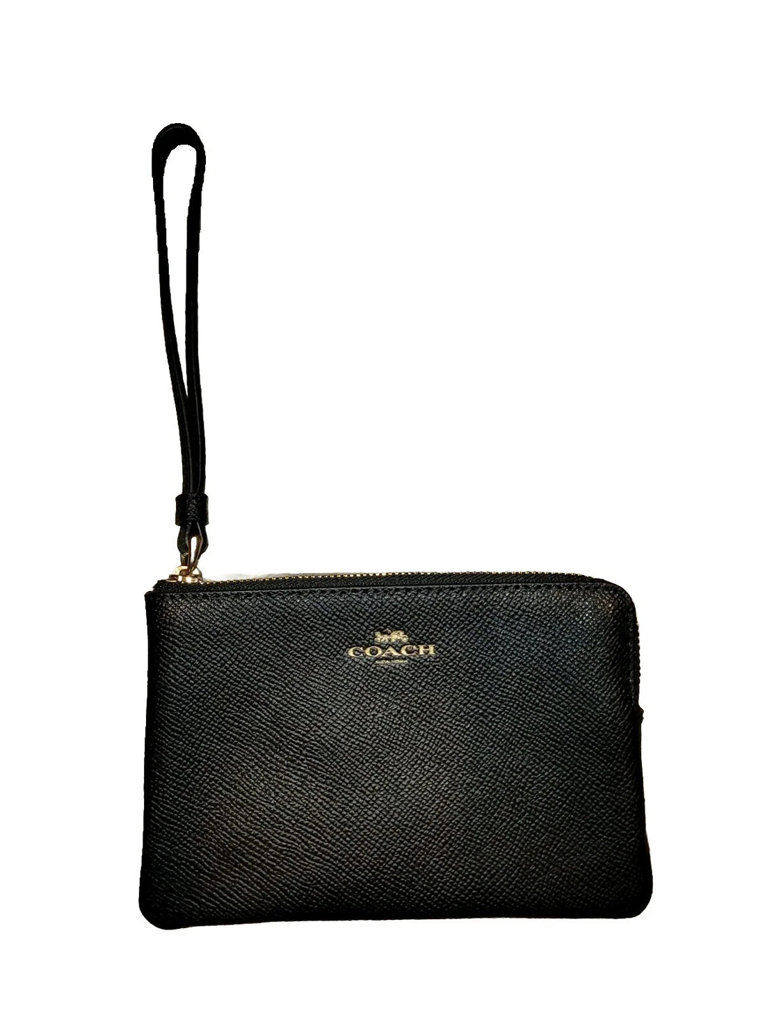 Coach Corner Zip Wristlet – Black Signature Leather Small Designer Wallet with Box