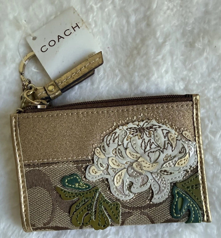 Coach Floral Applique Coin Key Chain Skinny Wallet 41415 – Khaki Gold Designer Wristlet, NWT