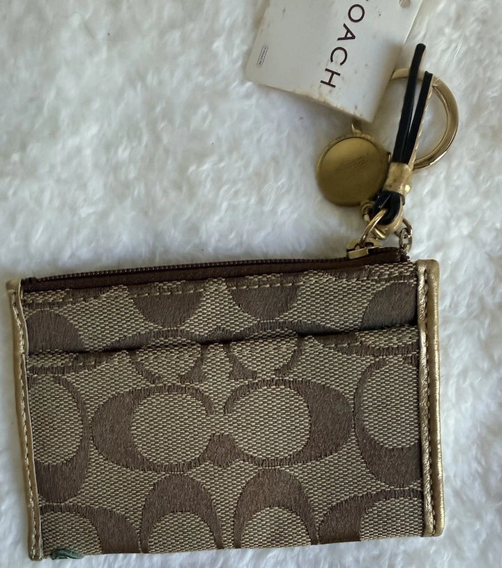 Coach Floral Applique Coin Key Chain Skinny Wallet 41415 – Khaki Gold Designer Wristlet, NWT