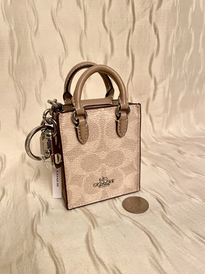 Coach Mini Tote Bag Charm – Signature Canvas Beige Handbag Keychain Accessory, New