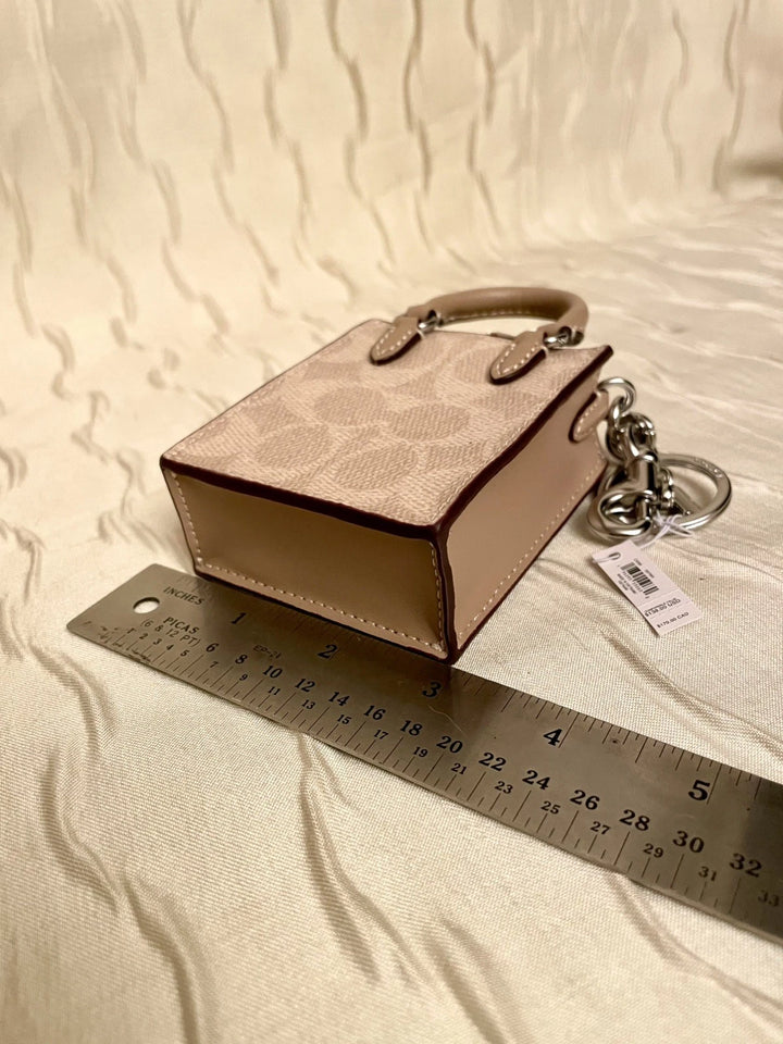 Coach Mini Tote Bag Charm – Signature Canvas Beige Handbag Keychain Accessory, New