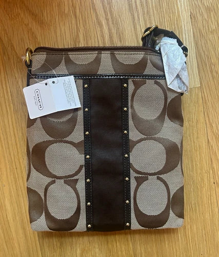 Coach Signature Logo Studded Crossbody Bag – Brown/Beige Small Designer Shoulder Purse, Authentic