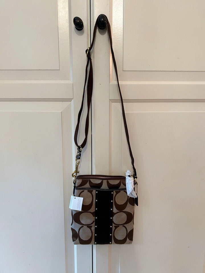 Coach Signature Logo Studded Crossbody Bag – Brown/Beige Small Designer Shoulder Purse, Authentic