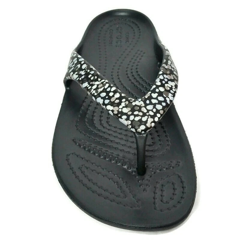 Crocs Kadee II Women's Dots Graphic Flip Flops Black – Relaxed Fit Casual Sandals, Size 4