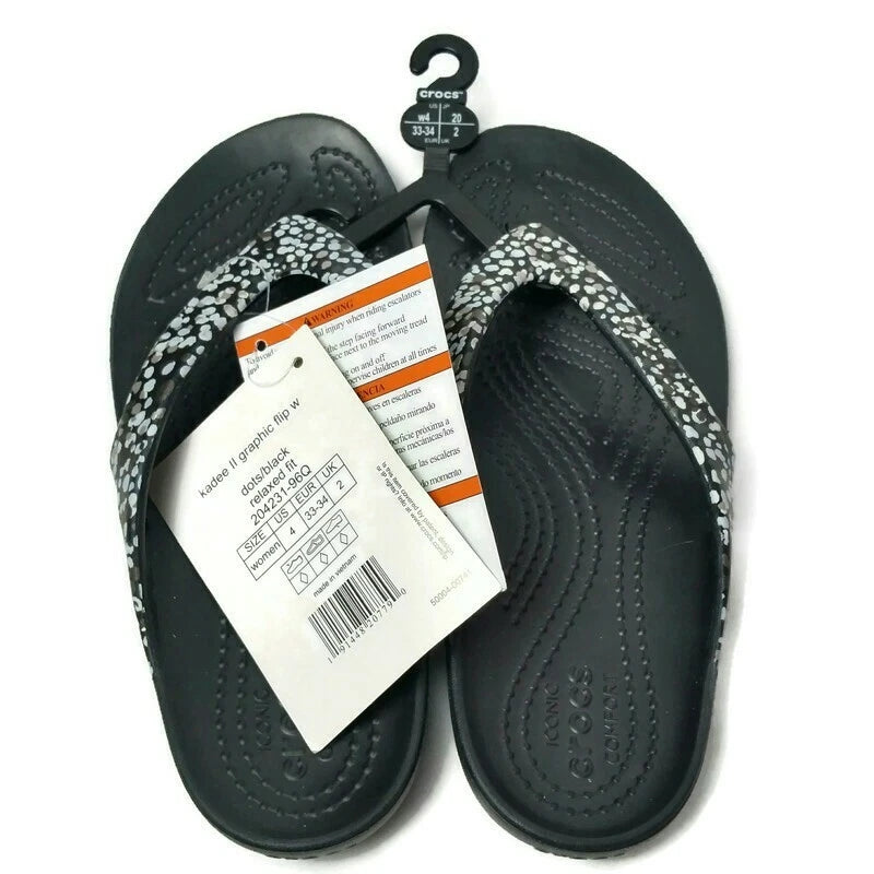 Crocs Kadee II Women's Dots Graphic Flip Flops Black – Relaxed Fit Casual Sandals, Size 4