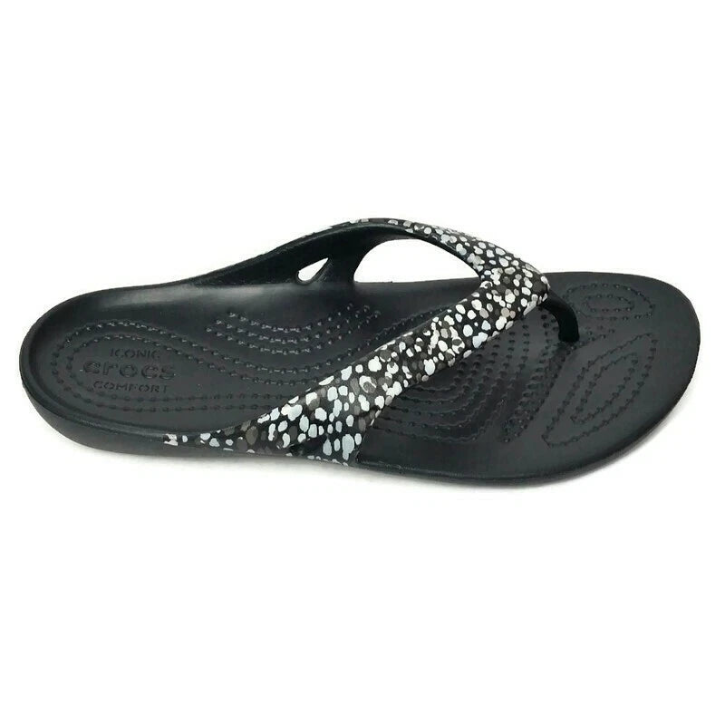 Crocs Kadee II Women's Dots Graphic Flip Flops Black – Relaxed Fit Casual Sandals, Size 4