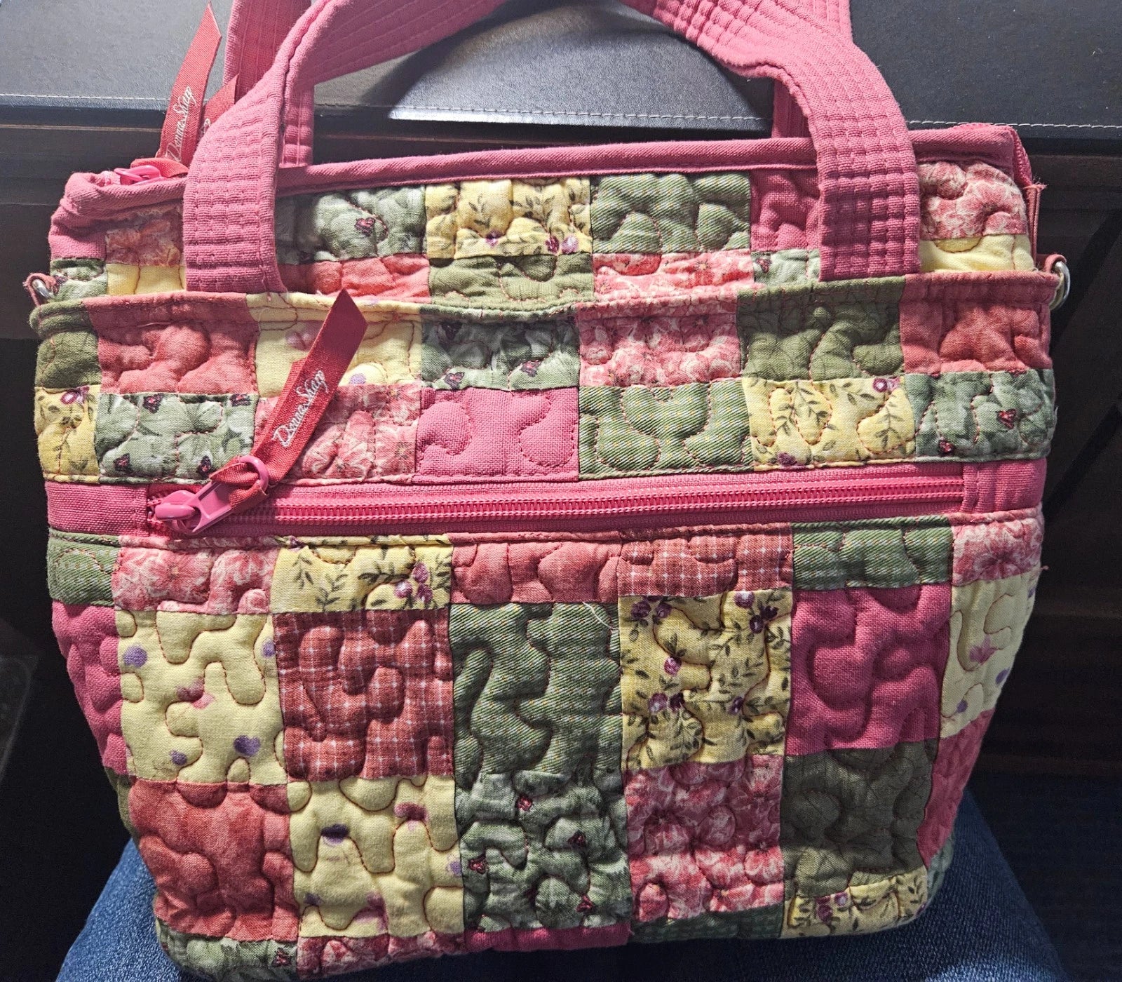 Donna Sharp Quilted Handbag – Pink & Green Floral Patchwork Design Purse, Gently Used
