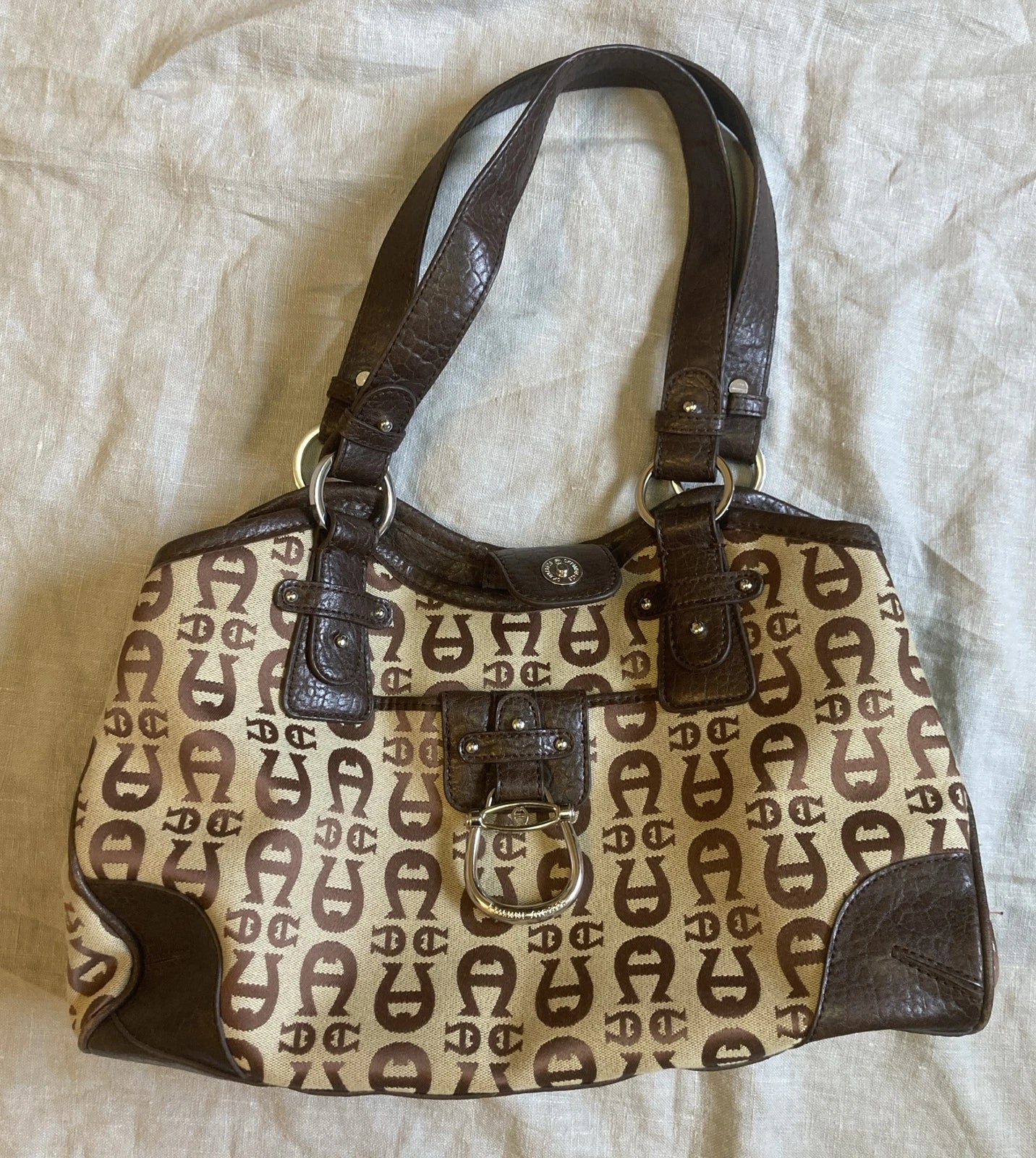 Etienne Aigner Vintage Monogram Canvas & Leather Handbag – Brown Women's Designer Purse