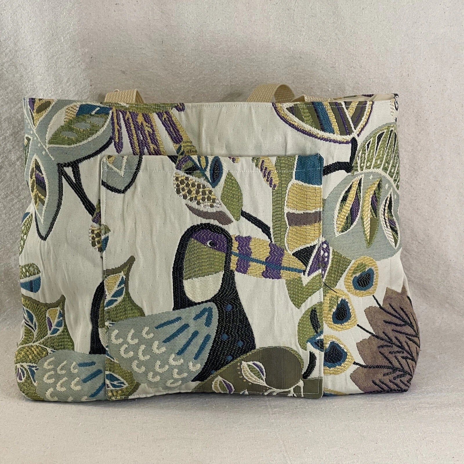 Handmade Canvas Tote Bag – Casual Double-Strap Purse with Fun Bird Peacock & Toucan Design