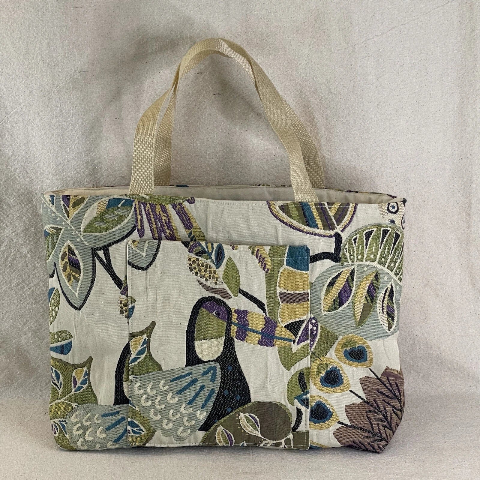 Handmade Canvas Tote Bag – Casual Double-Strap Purse with Fun Bird Peacock & Toucan Design