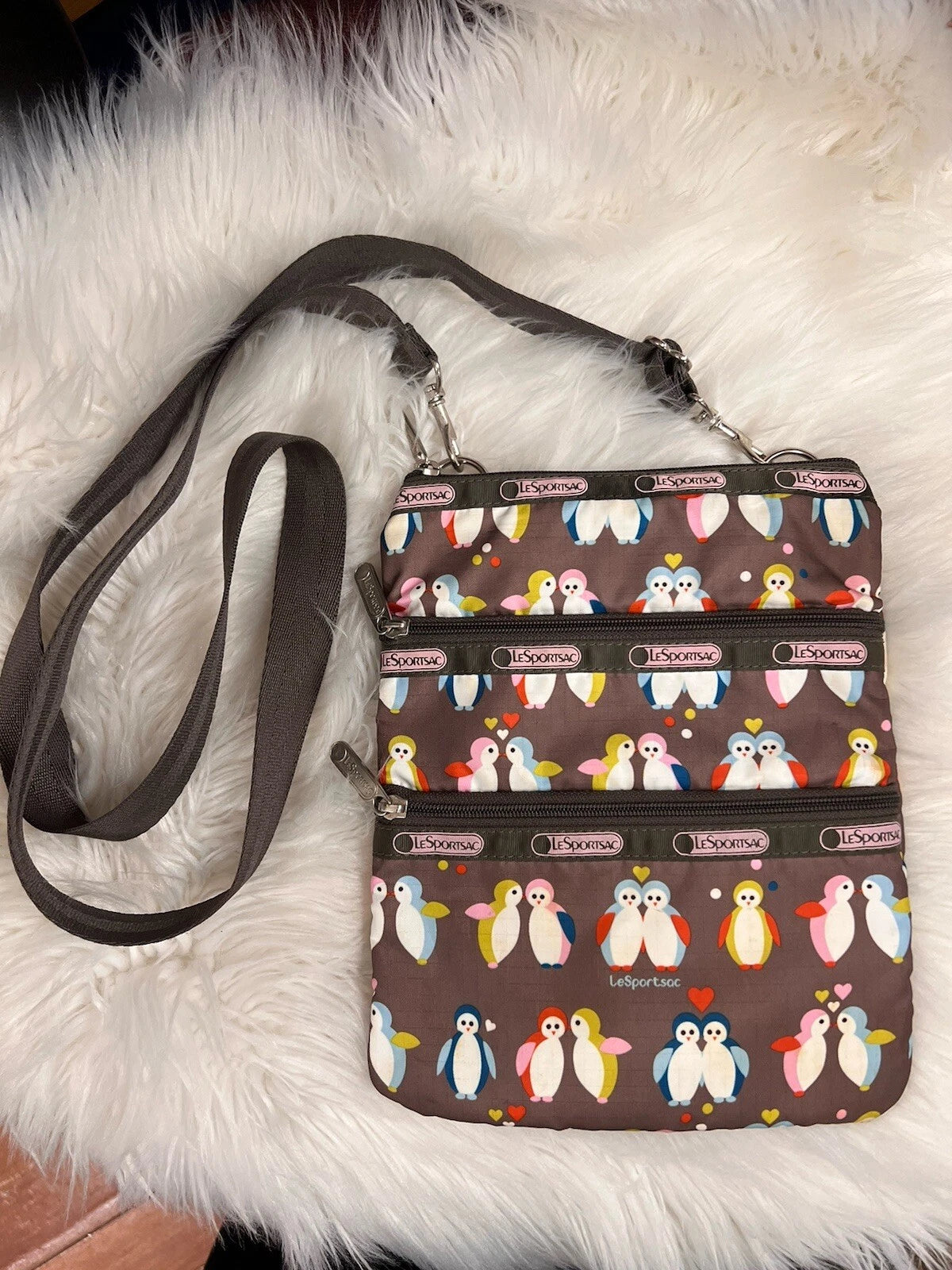 LeSportsac 3-Zip Crossbody Bag – Brown Nylon Penguin Design Adjustable Strap
