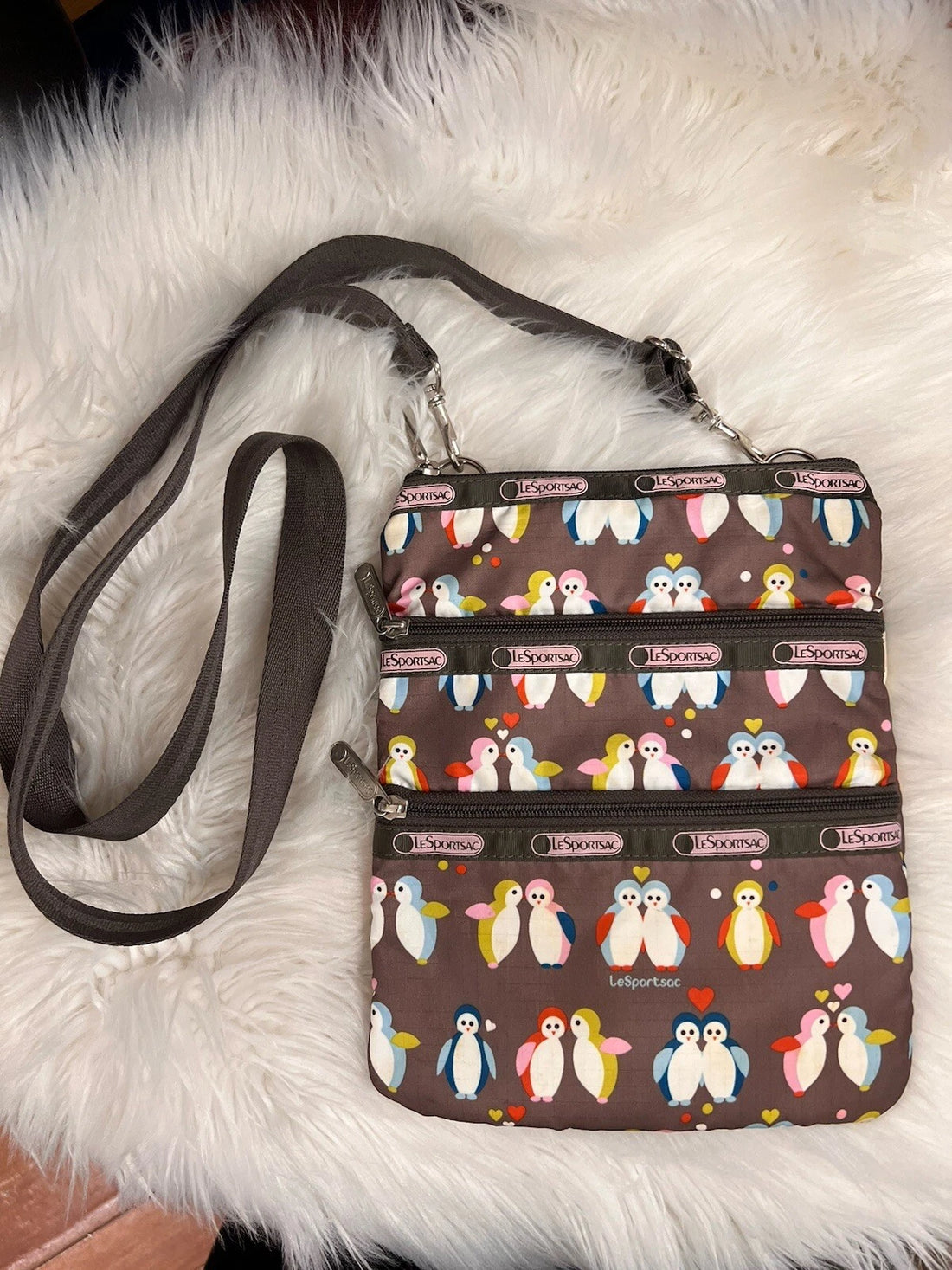 LeSportsac 3-Zip Crossbody Bag – Brown Nylon Penguin Design Adjustable Strap