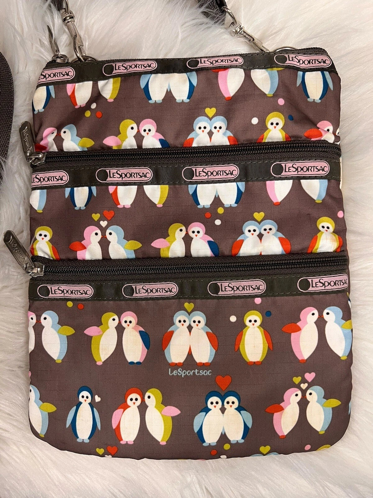 LeSportsac 3-Zip Crossbody Bag – Brown Nylon Penguin Design Adjustable Strap