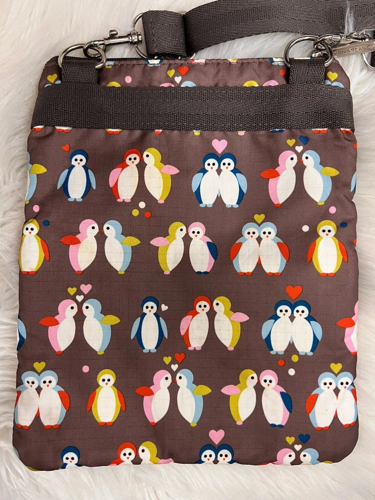 LeSportsac 3-Zip Crossbody Bag – Brown Nylon Penguin Design Adjustable Strap