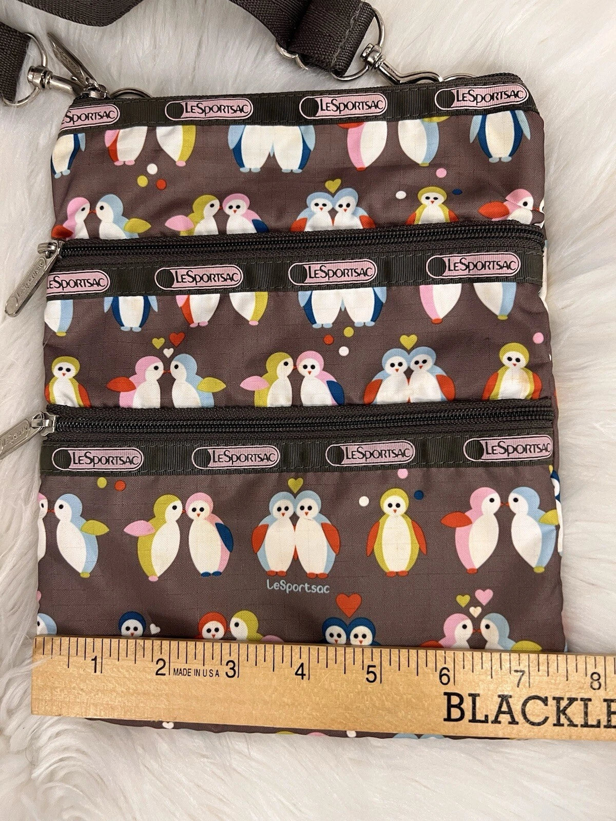 LeSportsac 3-Zip Crossbody Bag – Brown Nylon Penguin Design Adjustable Strap
