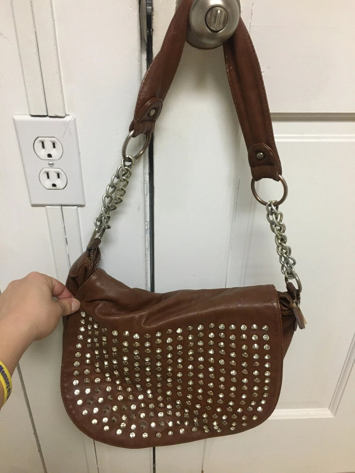 MMS Design Studio Brown Studded Faux Leather Satchel – Women's Designer Handbag Purse