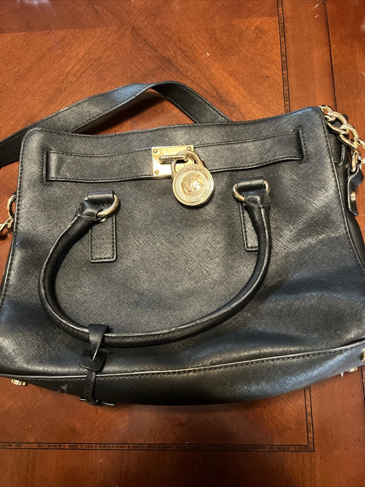 Michael Kors Hamilton Large Black Leather Satchel Handbag – Women's Shoulder Purse