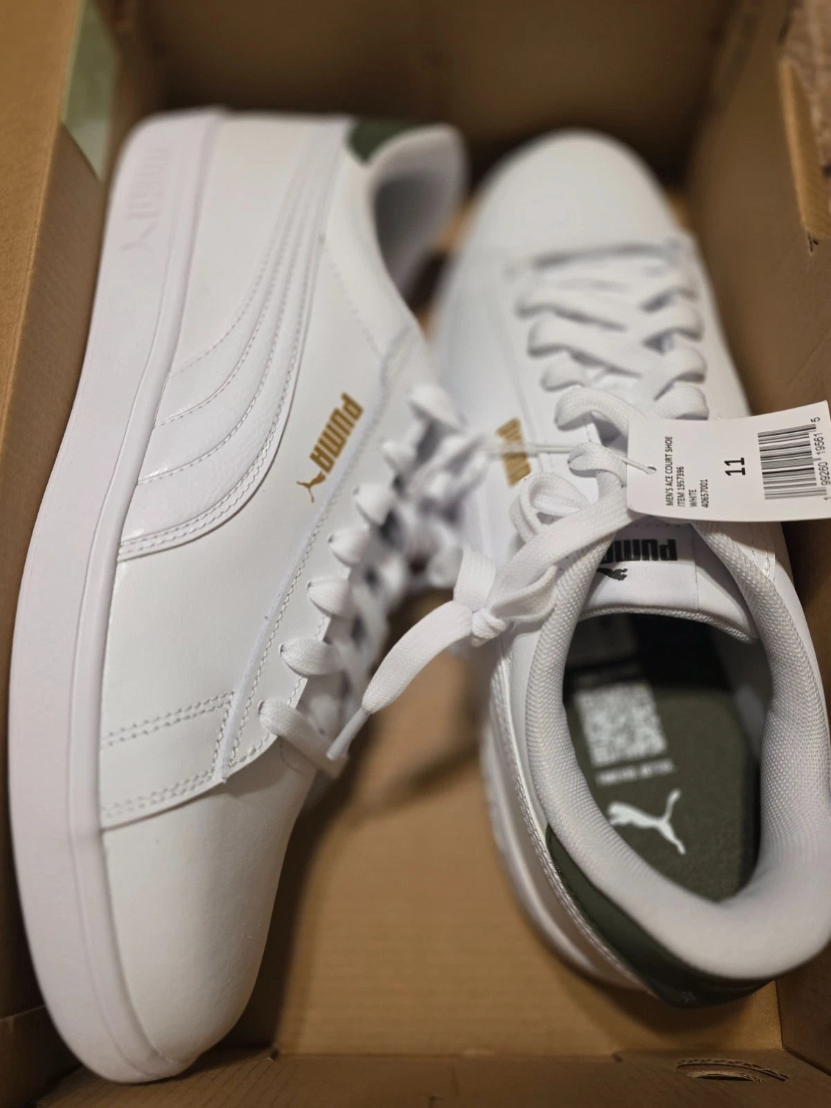 PUMA Ace Court Men's Sneakers White Green – Casual Athletic Shoes, Size 11
