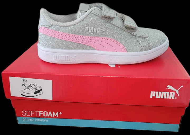 PUMA Smash 3.0 Glitz Glam Kids' Sneakers Silver Glitter Pink – Velcro Shoes