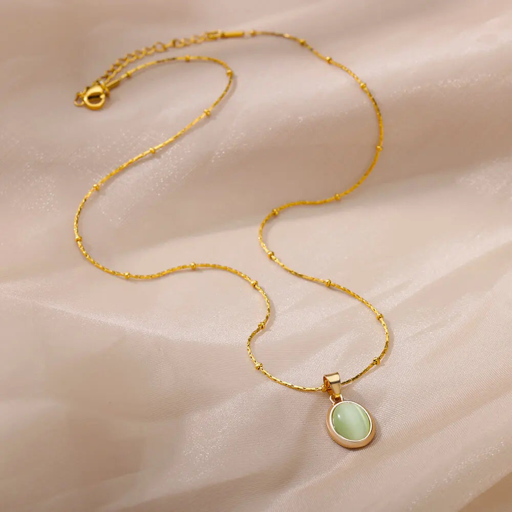 Fashion Stone Opal Oval Necklace for Women Stainless Steel Gold Color Oval Stone Pendant Necklace Wedding Aesthetic Jewelry Gift