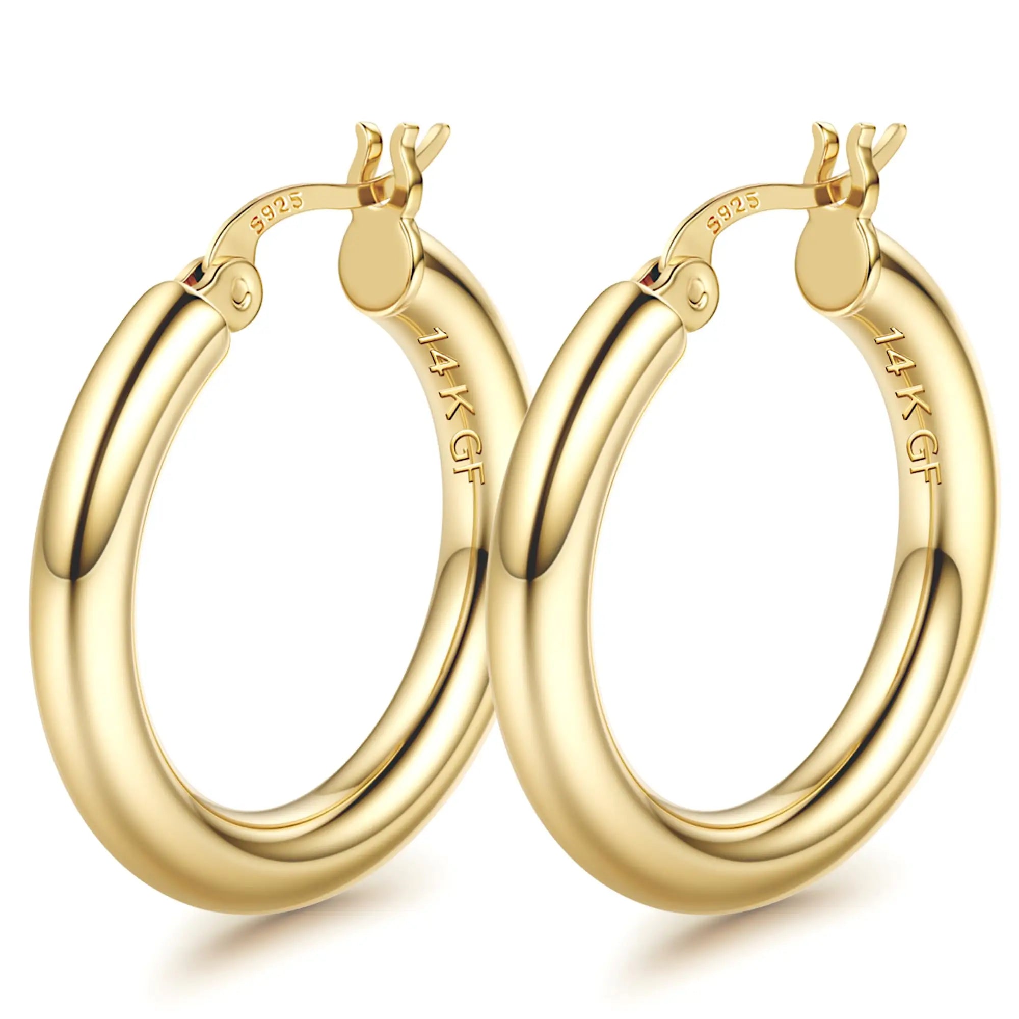 14K Chunky Gold Plated Hoop Earrings for Women 925 Sterling Silver Post Hollow Tube Hoops Earrings 4mm Thick Hoop Earrings Hypoallergenic Lightweight Gold Big Large Hoop Earrings 25/30/40/50/60/70MM