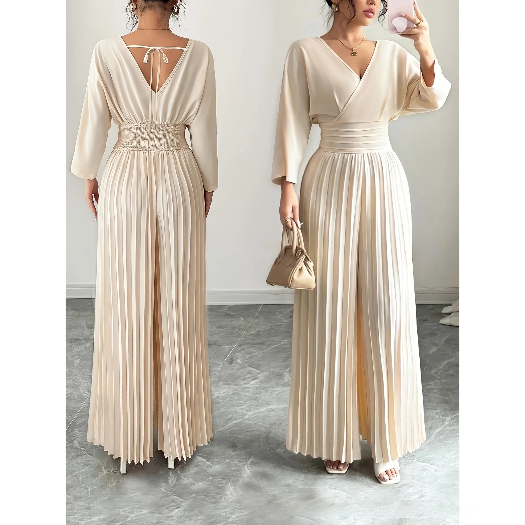 Women's Elegant V-Neck Long-Sleeve Pleated Wide-Leg Jumpsuit - High Smocked Waist, Tie Back, Solid Romper Palazzo Pants for Work Commute, Party Outfits (Jumpsuits for Women)