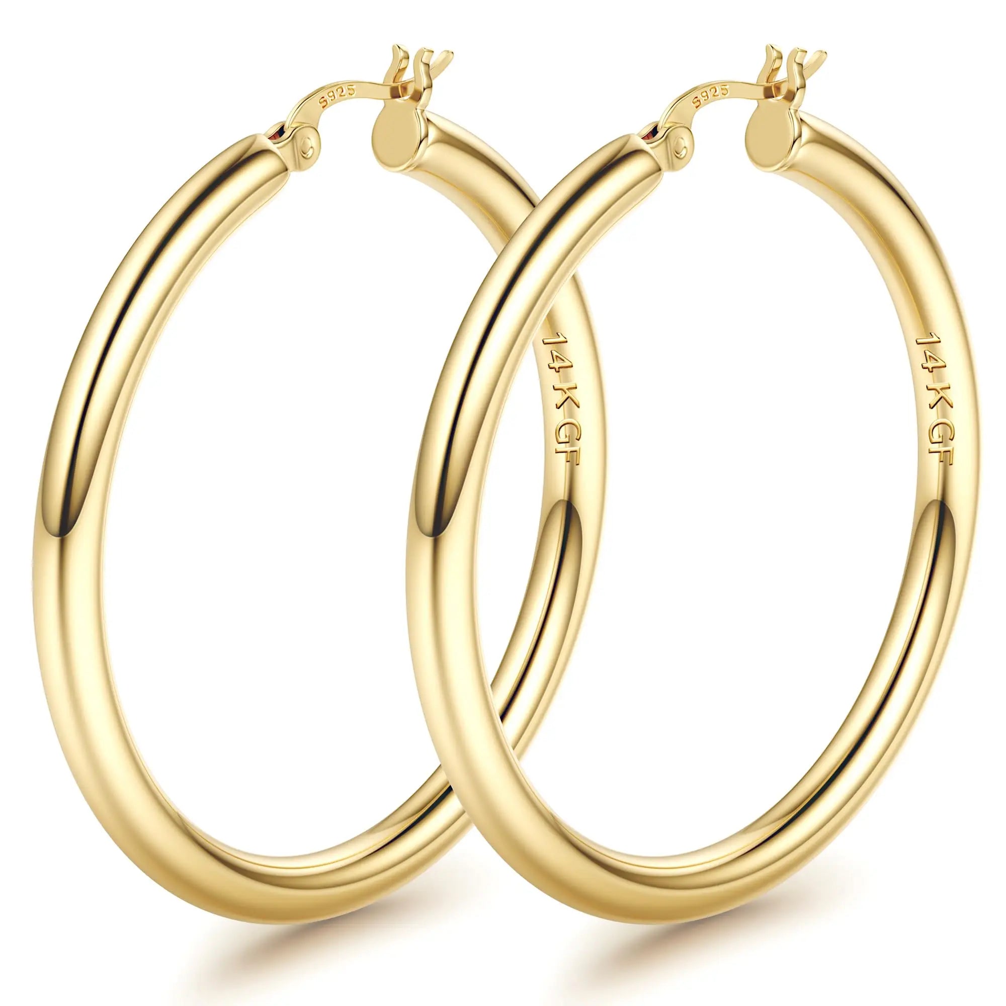 14K Chunky Gold Plated Hoop Earrings for Women 925 Sterling Silver Post Hollow Tube Hoops Earrings 4mm Thick Hoop Earrings Hypoallergenic Lightweight Gold Big Large Hoop Earrings 25/30/40/50/60/70MM