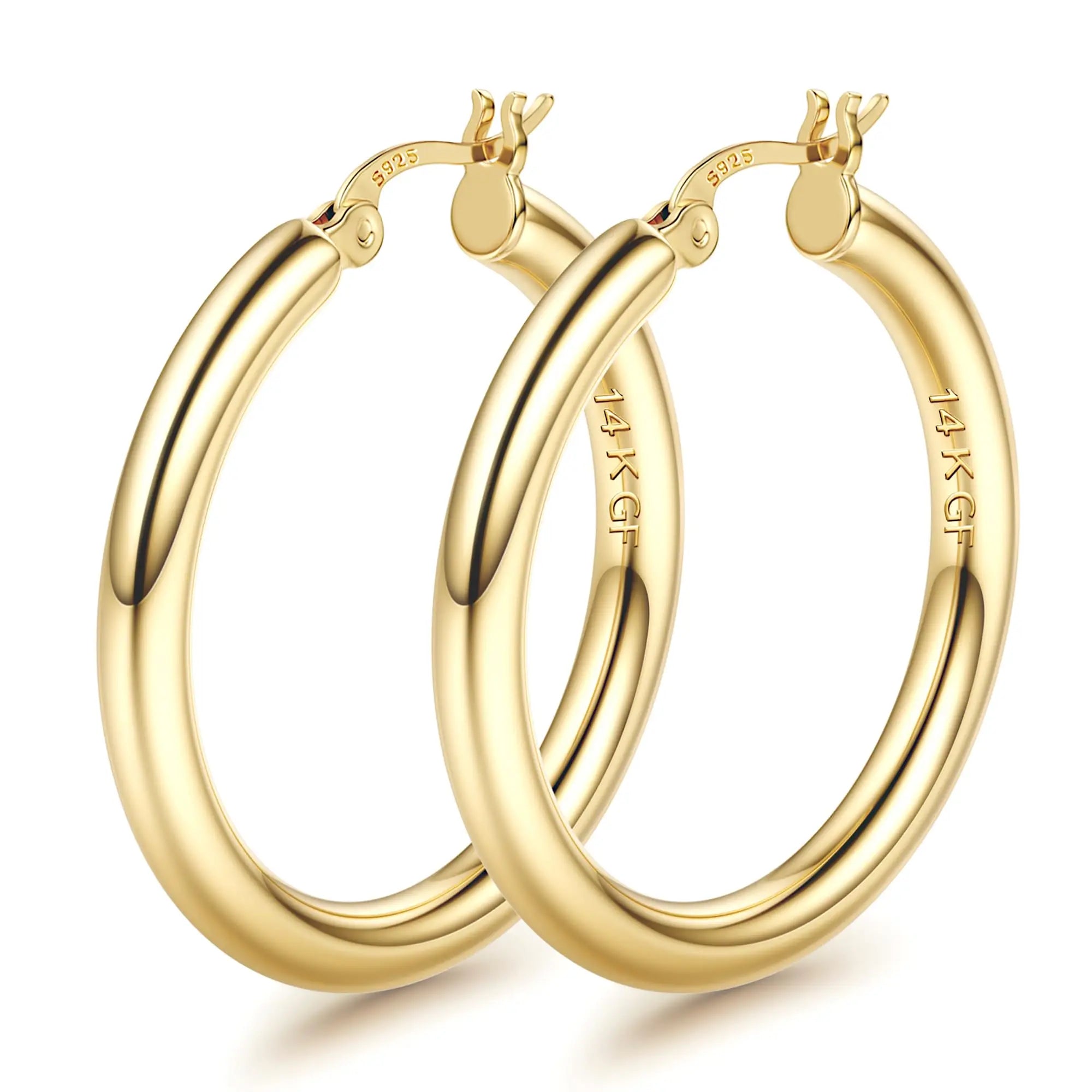 14K Chunky Gold Plated Hoop Earrings for Women 925 Sterling Silver Post Hollow Tube Hoops Earrings 4mm Thick Hoop Earrings Hypoallergenic Lightweight Gold Big Large Hoop Earrings 25/30/40/50/60/70MM