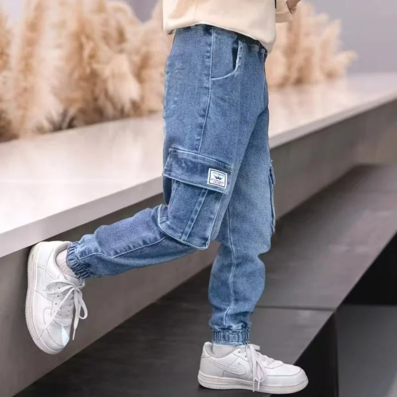 Boys' Denim Jeans, Four-Seasons, Fall & Winter New Arrival, Streetwear Cargo Pants, Slim-Fit, Soft Elastic Cotton, Casual Fashion
