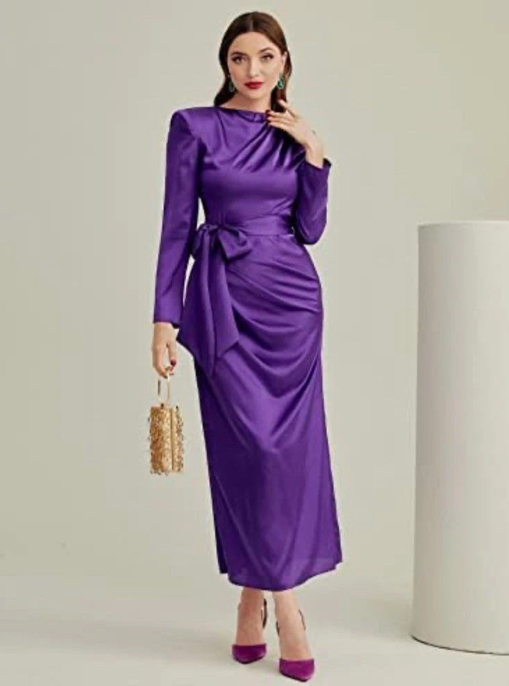 SHEIN Modely Women's Purple Satin Maxi Dress Size Small Belted