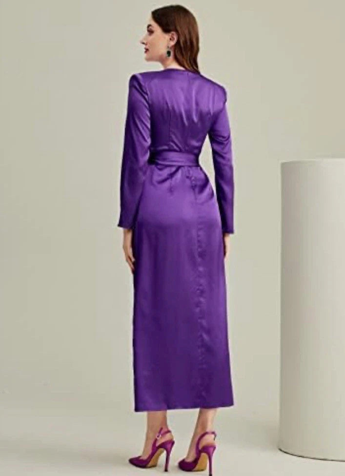 SHEIN Modely Women's Purple Satin Maxi Dress Size Small Belted