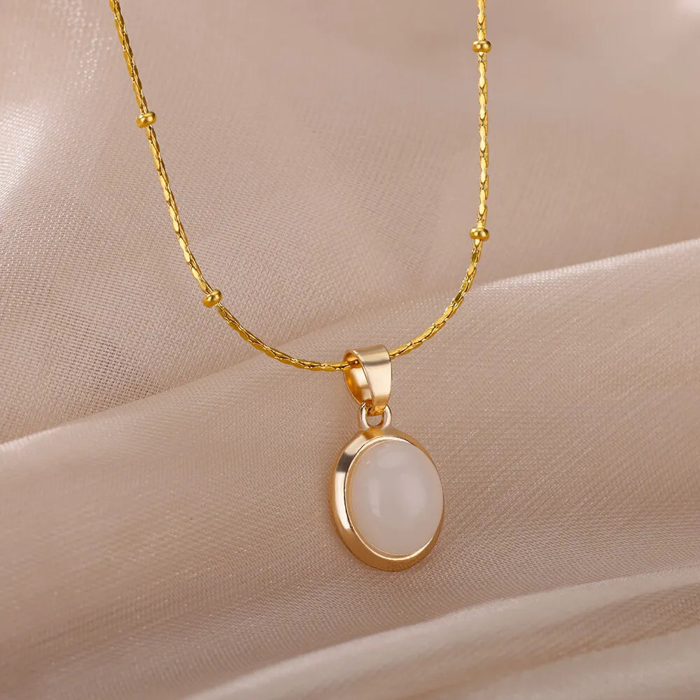 Fashion Stone Opal Oval Necklace for Women Stainless Steel Gold Color Oval Stone Pendant Necklace Wedding Aesthetic Jewelry Gift