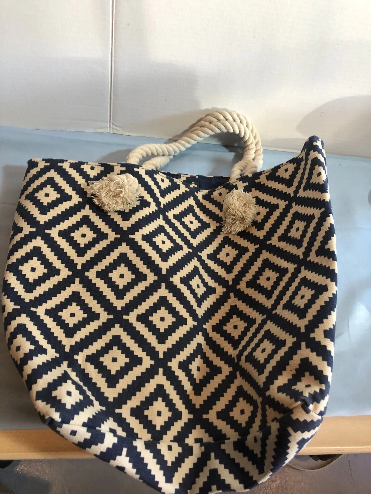 Summer & Rose Nautical Rope Handle Tote Bag – Blue Geometric Design Women's Handbag #KD