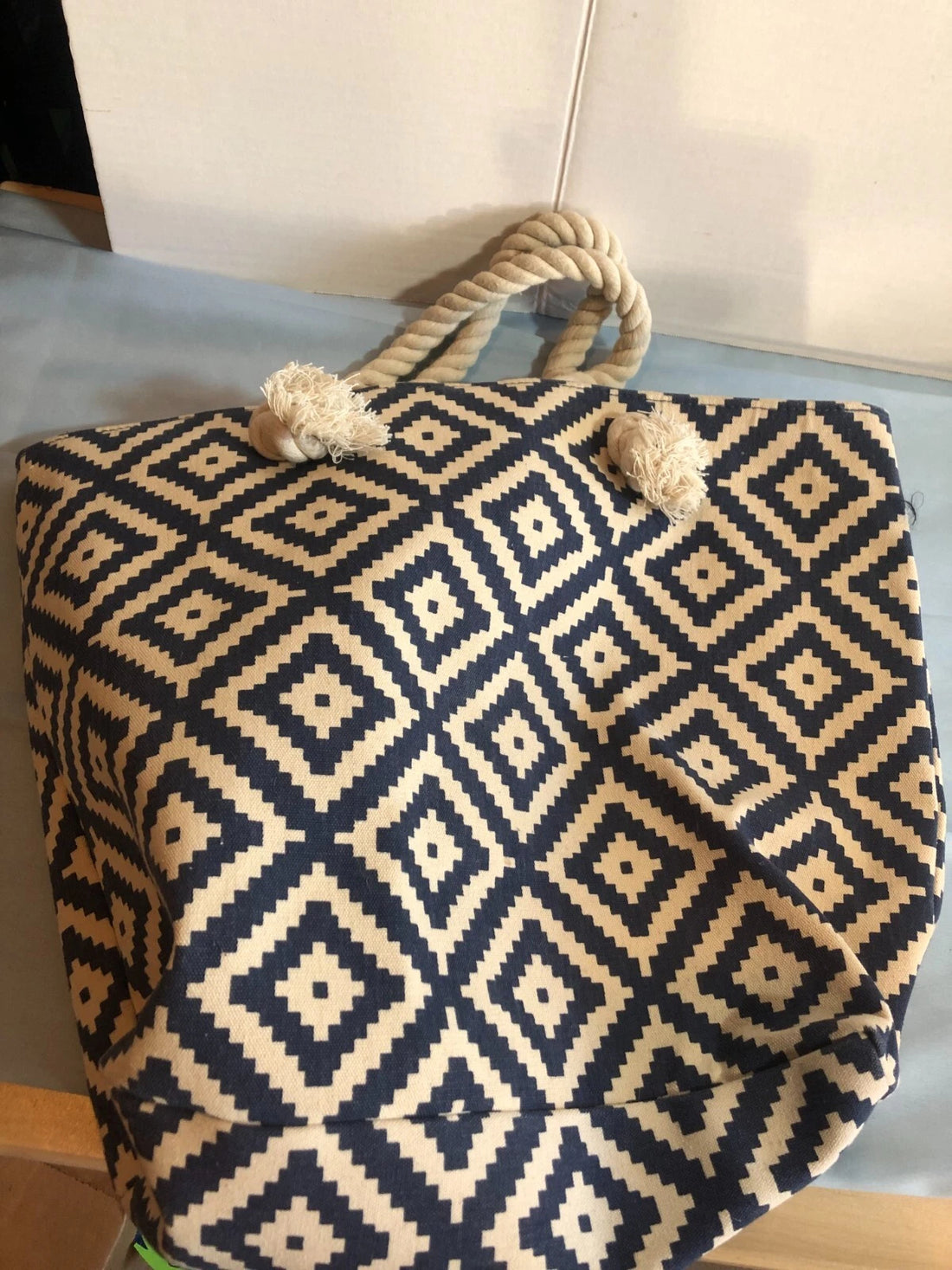 Summer & Rose Nautical Rope Handle Tote Bag – Blue Geometric Design Women's Handbag #KD