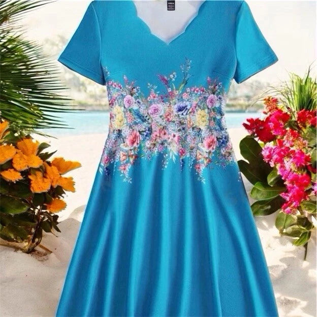 Women's Blue Floral Print V Neck Short Sleeve A Line Dress