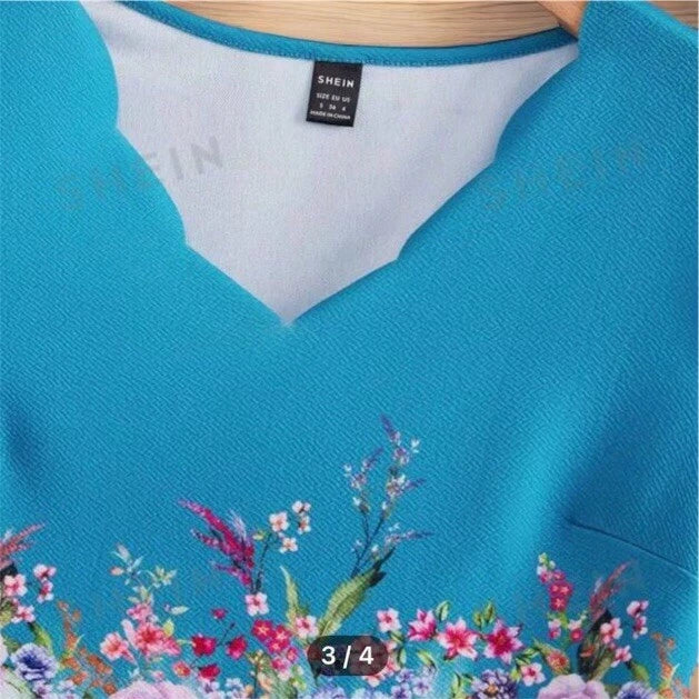 Women's Blue Floral Print V Neck Short Sleeve A Line Dress