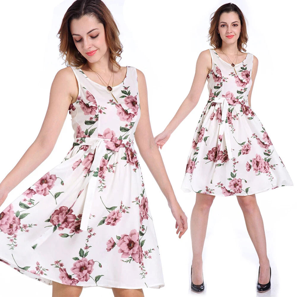 Women's Floral Print Sleeveless Swing Midi Dress