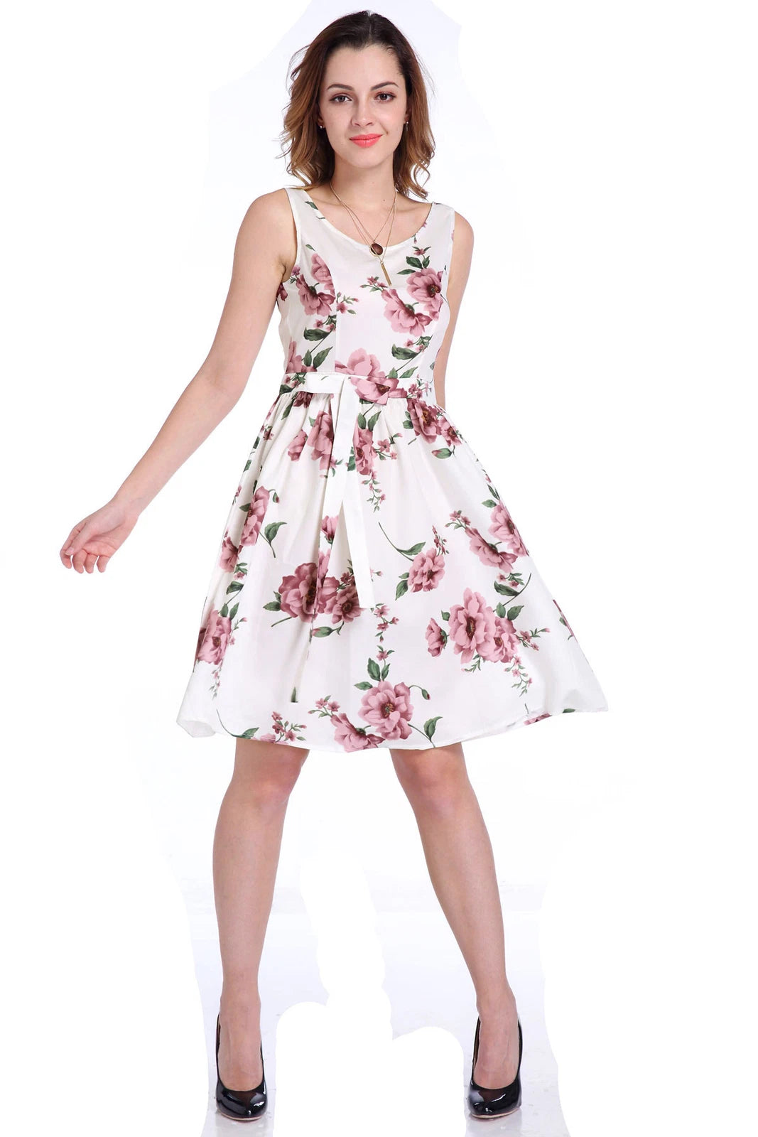 Women's Floral Print Sleeveless Swing Midi Dress