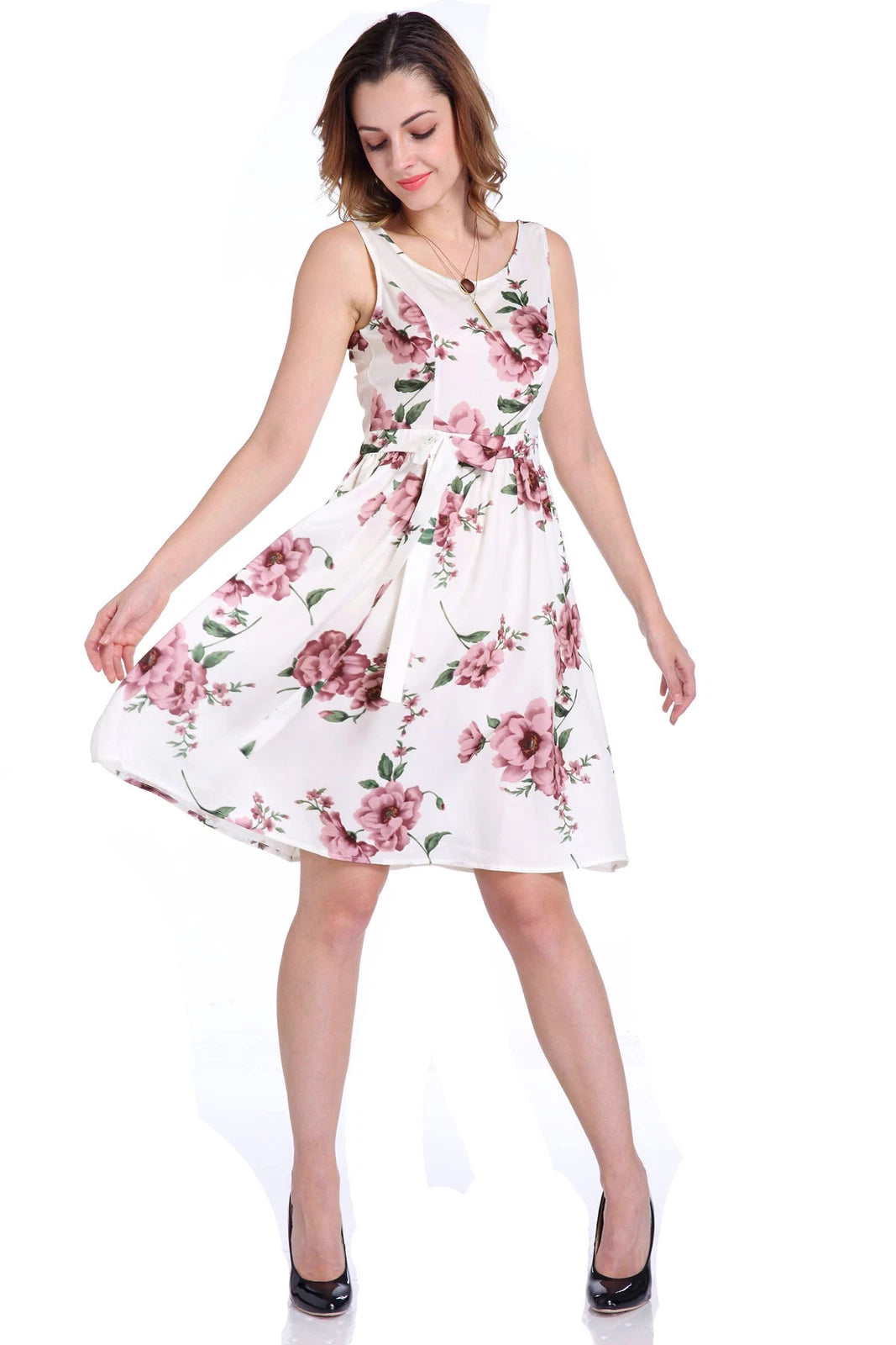 Women's Floral Print Sleeveless Swing Midi Dress