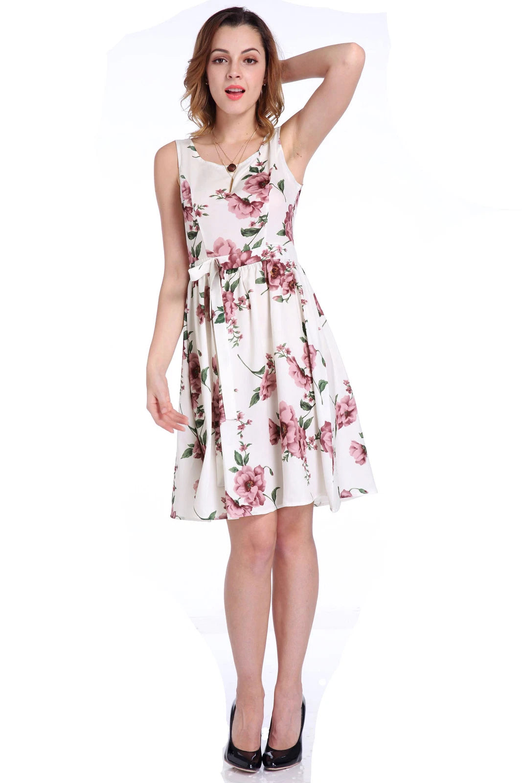 Women's Floral Print Sleeveless Swing Midi Dress