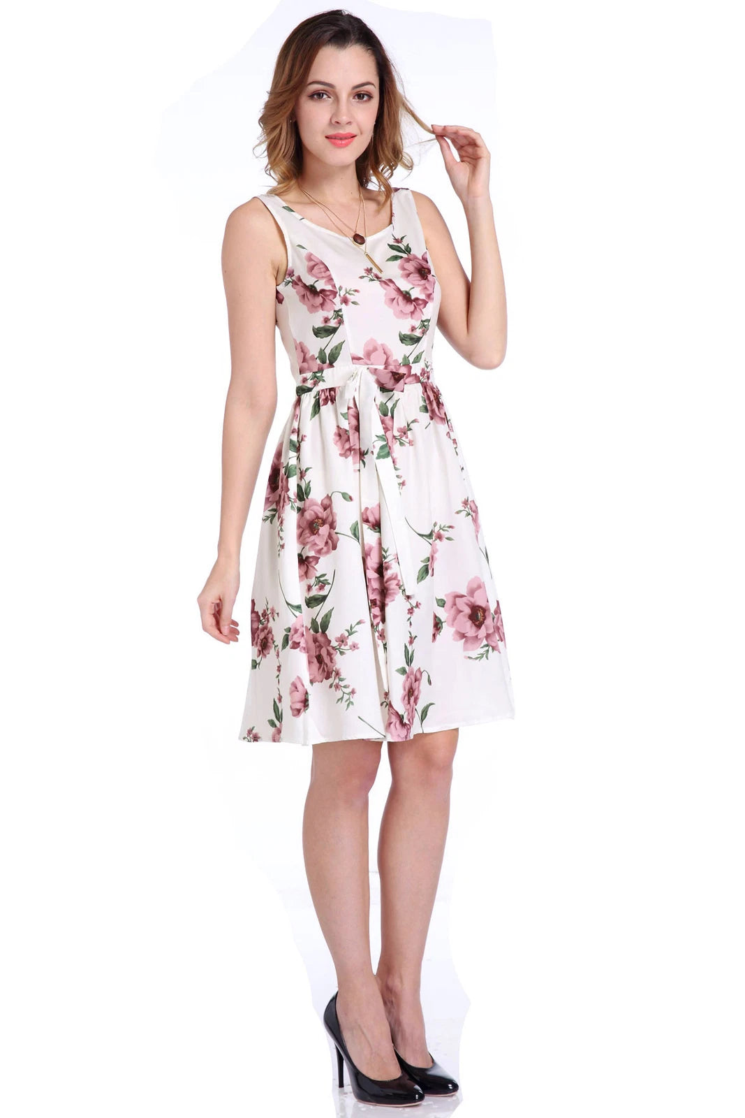 Women's Floral Print Sleeveless Swing Midi Dress