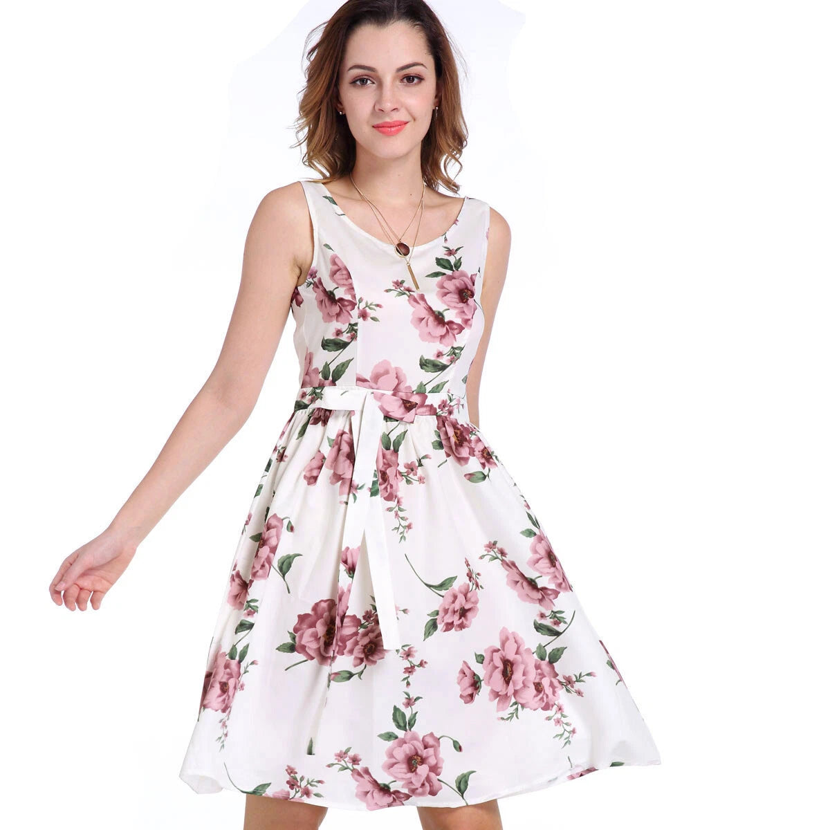 Women's Floral Print Sleeveless Swing Midi Dress