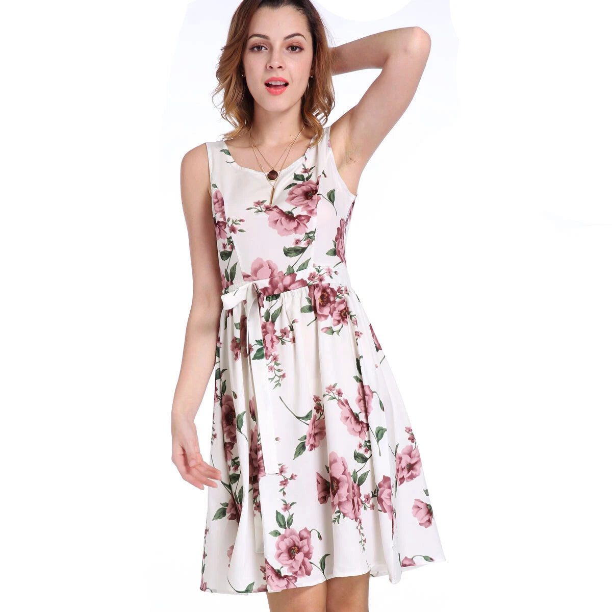 Women's Floral Print Sleeveless Swing Midi Dress