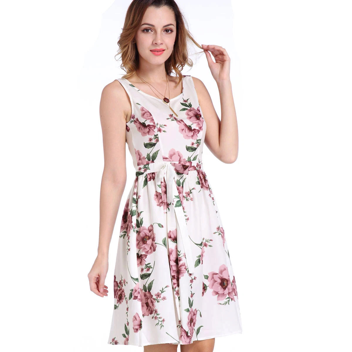 Women's Floral Print Sleeveless Swing Midi Dress